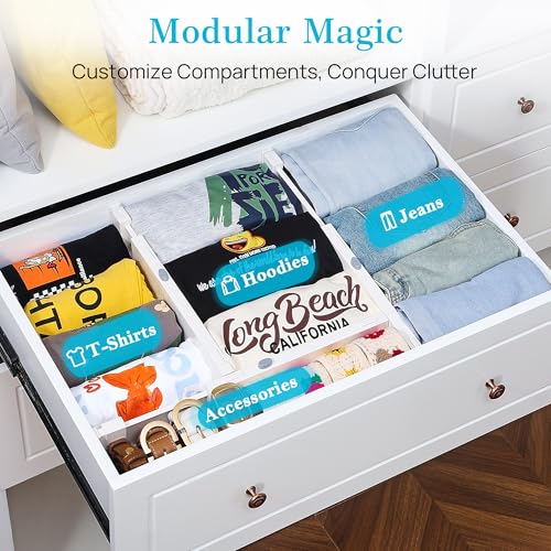 Vtopmart 4 Pack Drawer Dividers for Clothes, 4" High 11.3"-17" Adjustable Expandable Dresser Drawer Organizer, Plastic Drawers Separators for Dresser, Baby Clothes, Underwear, Kitchen & Office Storage