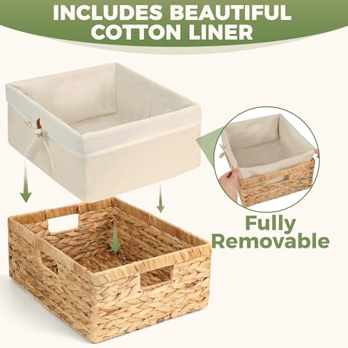 Wicker Shelf Storage Baskets for Organizing - Natural Water Hyacinth Woven Basket Organizers & Storage for Shelves w/Handles & Cotton Liner for Home & Pantry Decor Organization, Large 15” x 12” x 6”