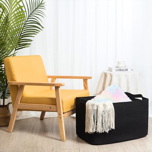 MINTWOOD Design 22in Extra Large Blanket Basket Holder Living Room, Rectangle Rope Woven Storage Basket with Handles for Laundry, Pool Towels, and Shoes, Dog Toy Organizer Bin Box, Full Black - color: Full Black