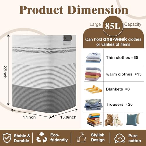 Laundry Hamper, 85L Tall Laundry Basket with Leather Handles, Rectangle Large Clothes Hamper for Organizing, Cotton Woven Laundry Baskets Storage Hampers for Bedroom, Nursery, Living Room - color: Grey, size: 85L