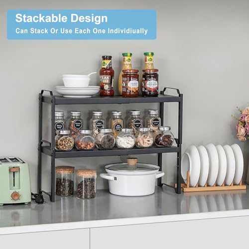 1 Pack Expandable Cabinet Countertop Shelves, Stackable Shelves Organizers for Kitchen Cabinet Countertop Storage, Adjustable Counter Cupboard Pantry Organizer Shelf Rack Stand, Length:25.5" - color: Black, size: 1 Pack: 15.5"-25.5"L