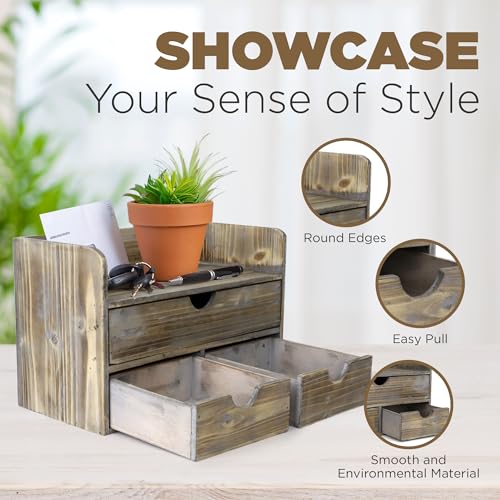 Besti Wooden Office Desk Organizer - Organizing Tool for Desktop, Cubicle, Bedroom, Kitchen - Vintage Style Organization Caddy with Top Tray Shelf & 3 Drawers - 13.6x9x7 Inches (Rustic) - color: Rustic