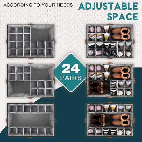 Shoe Organizer for Closet, Foldable Shoe Storage Bins with Clear Cover, Space Saving Shoes Holder with 4 Handles, Large Adjustable Shoe Box Storage Containers, Fits 12-24 Pairs, 2 Pack, Black - color: Black and Grey, size: (2 Pack) 25 ½"L x 17"W x 12 ½"H