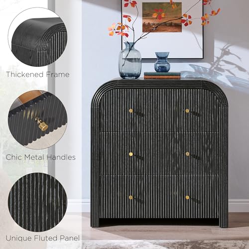 T4TREAM Fluted Dresser with 3 Drawers, 32" Tall Modern Chest of Drawers with Thickened Curved Profile Design, Wood Closet Clothes Storage Organizer for Bedroom, Living Room, Hallway, Black Oak - color: Black Oak, size: 15.7"D x 30"W x 32"H (3 Drawers)