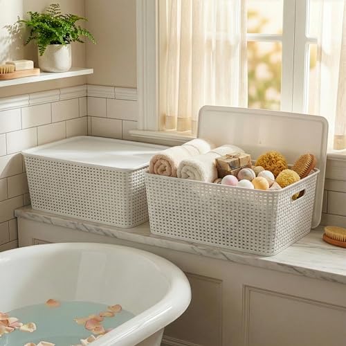 BINO | Plastic Storage Baskets with Lids, 33 Liter - 3 Pack, White | THE WOVEN COLLECTION | Storage Basket for Shelves | Woven Storage Baskets for Organizing Bins Pantry Shelf Organizer Container Bin - color: White, size: 33L | 3-Pack