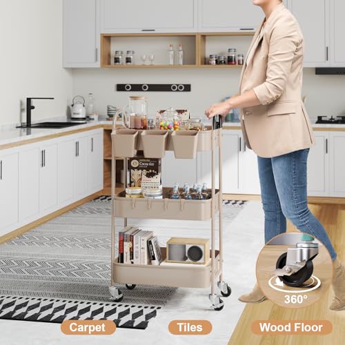 3 Tier Khaki Metal Utility Rolling Cart, Storage Cart with Handle and Lockable Wheels, Multifunctional Organizer Trolley with Mesh Storage Baskets for Kitchen, Office, Living Room, Laundry, Garage - color: Rustic Khaki, size: 3 tier