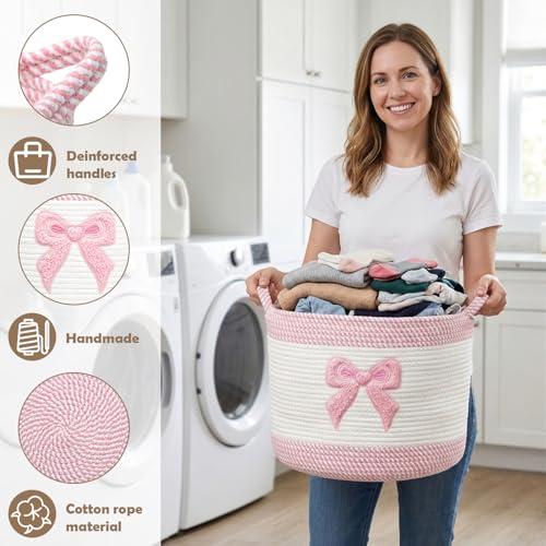 Baby Laundry Basket for Nursery, Baby Storage Baskets, Soft Foldable Cotton Rope Bin with Cute Embroidered Designs for Home Toys Organizer - color: Bow