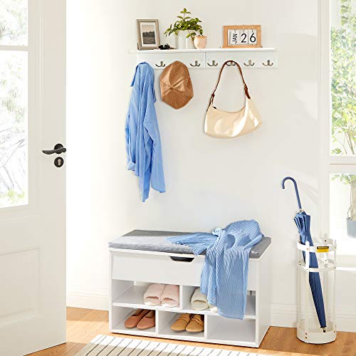 SONGMICS Entryway Hanging Coat Rack, Wall-Mounted Wooden Shelf, with 4 Double Hooks, Wall Floating Shelf, White ULHR42WT