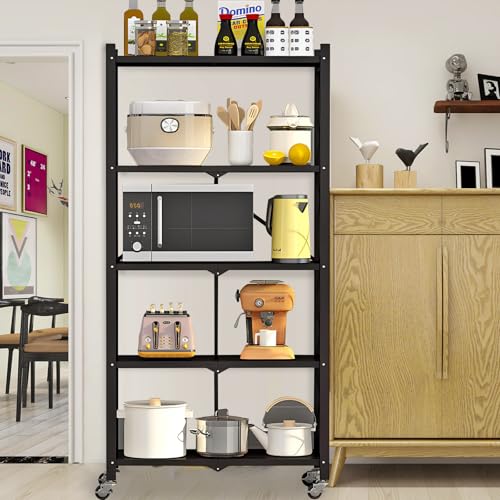 Heavy Duty 5-Tier Foldable Storage Shelf with Locking Wheels, No Assembly Metal Shelving Unit, Space-Saving Organizer for Garage, Kitchen, Basement, Pantry, 28" x 14" x 62", Black (1)