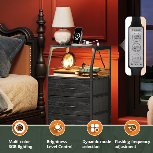 WLIVE Nightstand with Charging Station, Black Night Stand with LED Light, Tall 4 Drawer Dresser for Bedroom, 37" H Bedside Table with Fabric Storage Bins, Open Wood Shelf, Metal Frame - color: Charcoal Black Wood Grain Print, size: 4 Drawers