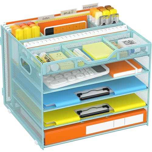 Docnest 5 Tier Letter Tray with Hanging File Organizer-Mesh Desk Organizer-Desktop Storage Box Built in Pen Holder and Handles, File Folder Holder for Mail Documents Office Supplies-Blue - color: 5 Tier Hanging File Organizer-Blue
