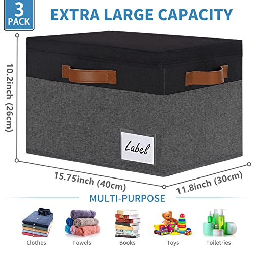 GhvyenntteS Extra Large Storage Bins with Lids, Foldable Fabric Storage Boxes with Lids and Handles, Storage Baskets with Lid and Label for Home Office (3 Pack, Grey&Black, 15.75" x 11.8" x 10.2") - color: Grey with Black, size: Extra Large-3 Pack