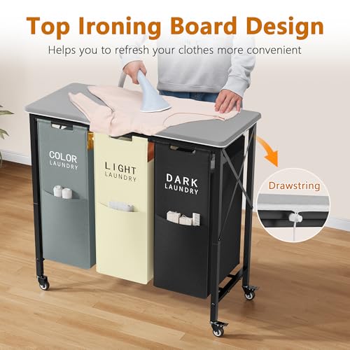 Gewudraw 3 Section Laundry Sorter with Ironing Board, Laundry Hamper with Removable Bags, Heavy-Duty Rolling Laundry Cart with Lockable Wheels for Bathroom Bedroom - color: Gray+Beige＋Black
