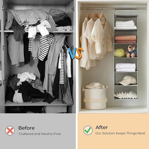 MAX Houser 6 Tier Shelf Hanging Closet Organizer, Closet Hanging Shelf with 2 Sturdy Hooks for Storage, Foldable (Light Grey) - color: Light Grey