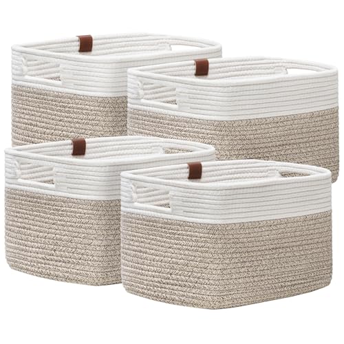 UBBCARE 4 Pack Baskets for Organizing, Woven Storage Baskets with Label for Toys and Towel, Rectangle Cotton Rope Basket with Handles, 14''L x9''W x8''H, White&Brown - color: White&Dark Brown, size: 4 Pack - 14 X 8 X 9 Inches
