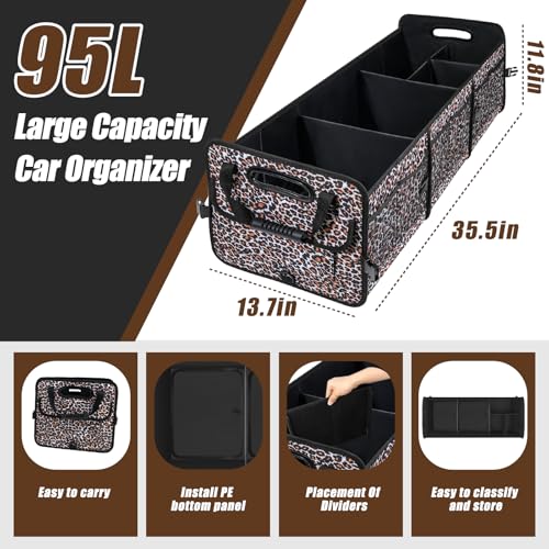 AOPHY Leopard Print Trunk Organizer - 95L Large Capacity, Non-Slip Bottom, Waterproof, Portable Car Storage for SUV, Truck, Sedan - color: Leopard print