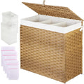 Greenstell Laundry Hamper with Lid, 125L Wicker Laundry Baskets with 2 Removable Liner Bags & 5 Mesh Laundry Bags, Handwoven Rattan Clothes Hamper with Handles for Clothes in Bathroom, Bedroom - color: Light Natural