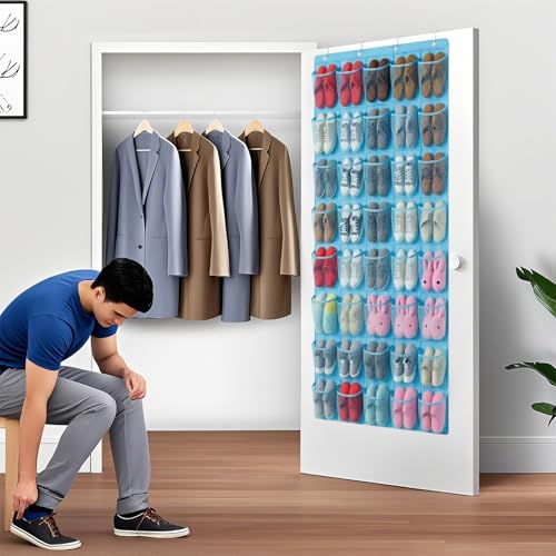 40-Pocket Over the Door Shoe Organizer - Large Mesh Pocket Hanging Shoe Organizer,Behind the Door Shoes Storage Holder Hanger - color: Light Blue