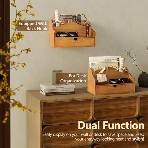 Pine Wood Mail Organizer For Desk - Rustic Mail Sorter With Drawer & Dividers 4-Slot Letter Sorter For File And Jewelry - Wooden Letter Holder For Desk Organization & Home Office Decor (Yellow) - color: A-Yellow