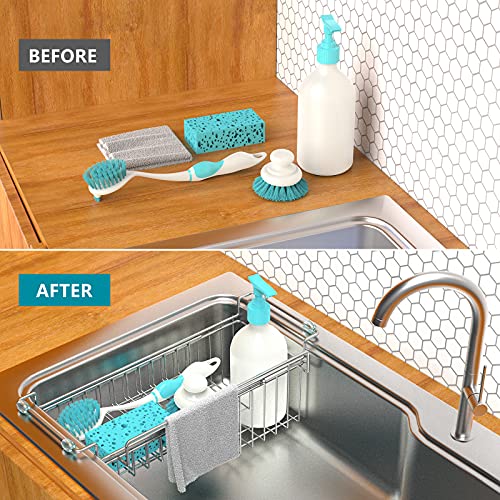 Over The Kitchen Sink Caddy Sponge Holder Organizer Drying Rack Expandable for Sponge Brush Soap Dish Cloth Rag 14.5" to 22", Stainless Steel - size: 14.5" to 22"