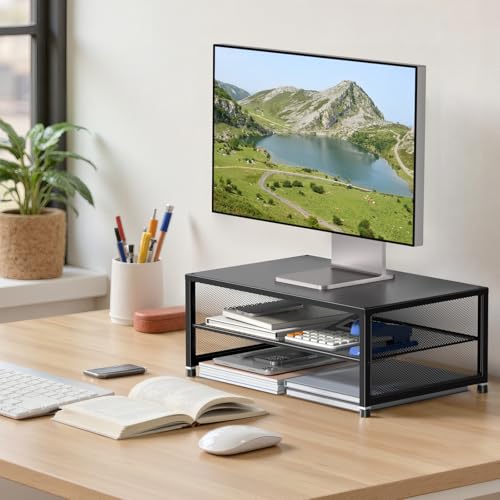 ECOLOVI 2-Tier Computer Monitor Stand Riser, Desk Organizer for Monitor, Printer & Laptop Stand, Desktop Workspace Organizers for Office Supplies(Black) - color: Black