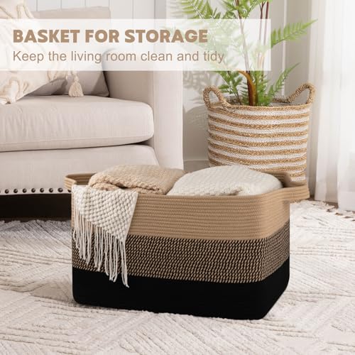OIAHOMY Extra Large Blanket Basket, 95L Cotton Rope Woven Laundry Basket, Toy Bin for Baby Room, Container for Blanket Storage in Living Room, 24''×17''×14'', Brown & Black - color: Brown & Black, size: 95L