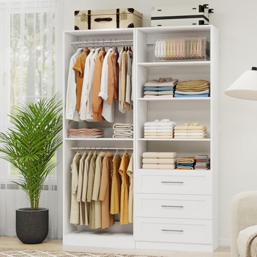 Closet System with 3 Drawers, 4FT Wood Closet Organizer System with 4 Hanging Rods&Adjustable Shevles, 81"Tall Modular Walk In Closet System, Standalone Closet System System, 2 Set,White