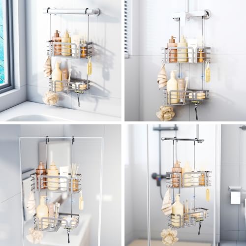 SWTYMIKI Shower Caddy Hanging Organizer - Over the Door Shower Caddy with Soap Holder, 11 Hooks, 2 Installation Ways, Stainless Steel Rustproof Bathroom Organizer, Sand Nickel - color: Sand Nickel