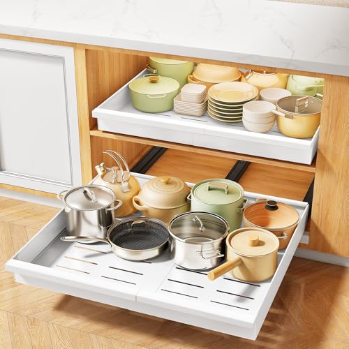 Pull out Cabinet Organizer, 2-Pack Expandable(13.6"-24") Silde out Drawers with Raising Pad for Framed Cabinets, Adjustable Full-Extension Adhesive Roll out Shelves for Kitchen Pantry Home Pot and Pan - color: White, size: (13.6''-24'')Wide-21''Deep (2Pac
