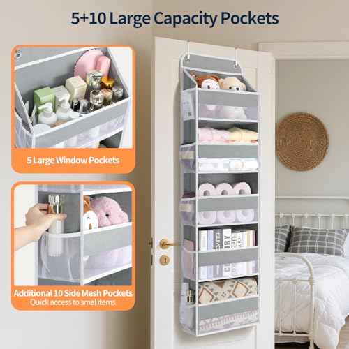 Yecaye Over The Door Organizer Storage, 5-Tier Heavy Duty Door Organizers Hanging with 10 Side Mesh Pockets, 44 lbs Load Capacity Behind Door Storage for Bathroom Nursery Bedroom Dorm Closet,Grey,1Pc - color: Grey, size: 5 Tier