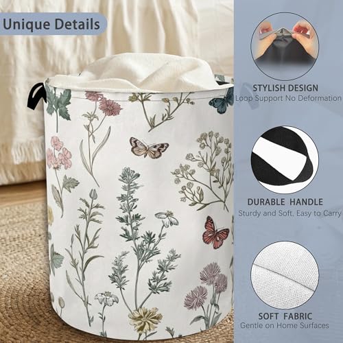 Wildflowers Butterfly Laundry Basket,Herb Plants Oxford Cloth Laundry Hamper with Handle Foldable Portable Clothes Storage Basket for Bathroom Bedroom Dorm Room 16" x 20.8" - color: Wildflowers Butterfly Herb Plants