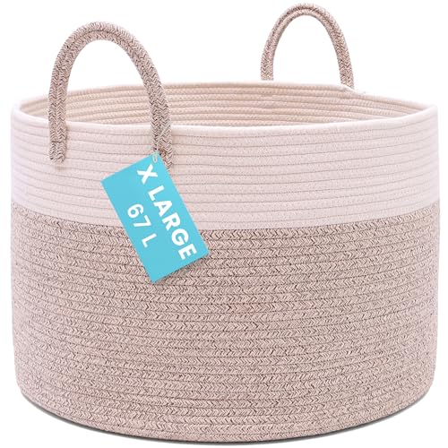 OrganiHaus Large Woven Storage Basket for Blankets and Toys 20" x 13" Inch, Rope Laundry Basket with Handles, Cushions & Pillows Storage Bin, Nursery Hamper, Soft Round Dog Toy Bin - Brown/Off-White - color: Brown / Off-White, size: Wide