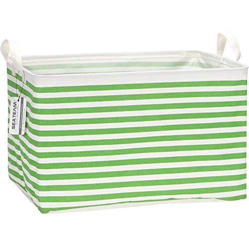 Sea Team Collapsible Canvas Fabric Storage Basket with Handles, Rectangle Waterproof Storage Bin, Box, Cube, Foldable Shelf Basket, Closet Organizer, 16.5 x 11.8 x 9.8 Inches, Green Stripe - color: Stripe/Green, size: 16.5 Inch (Pack of 1)
