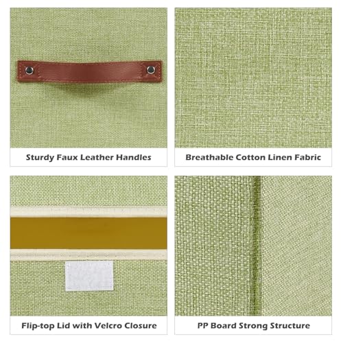 Storage Boxes with Lid Cotton Linen Fabric Storage Bins Organizer Container Decorative Collapsible Washable Shelf Baskets Faux Leather Handles for Home Bedroom Closet (Green, Small Size) - color: Green, size: Small (Set of 1)