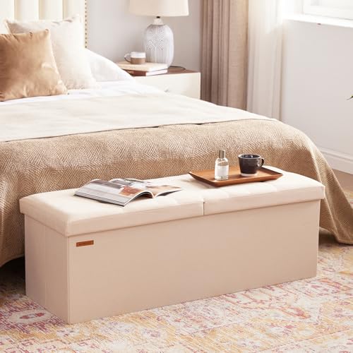 HAUSFRAU Storage Ottoman Bench with Flipping Lid, 43.3 Inches Storage Chest Footsrest, Folding Foot Stool for Entryway, Living Room, Bedroom, Linen Beige - color: Beige, size: 15"D x 43.5"W x 15"H