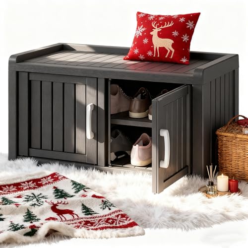 KAMABOKO Outdoor Shoe Storage Cabinet, Waterproof UV-Resistant Entryway Storage Bench Indoor Outdoor with 2 Barn Doors, Adjustable Shelves for Entryway, Bedroom, Hallway,Living Room(Classic Black) - color: Classic Black, size: Double Door
