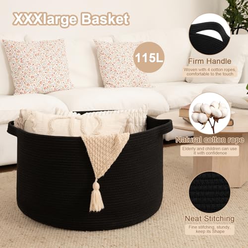 OIAHOMY 115L Extra Large Blanket Basket, 23.6" x 15.4" Woven Cotton Rope Laundry Basket for Organizing Pillows, Decorative Stuffed Animal Toy Storage Bin for Nursery, Black - color: Black, size: 23.6"D x 15.4"H