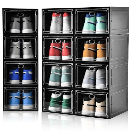Amllas 12 Pack Shoe Boxes Stackable,Upgraded Sturdy Shoe Storage Boxes with Clear Magnetic Door,Multifunctional Sneaker Storage, Shoe Box Organizer Fit up to US Size 12 Gray(13.8”x 9.84”x 7.1”) - color: Black, size: 12 Pack