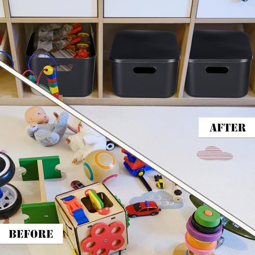 Hoolerry 8 Pieces Colorful Storage Bins with Lid, Plastic Storage Basket Organizing Container Stackable Box with Handle for Shelves Desktop Playroom Office(13.8 x 9.8 x 5.9 Inch,Black) - color: Black, size: 13.8 x 9.8 x 5.9 Inch
