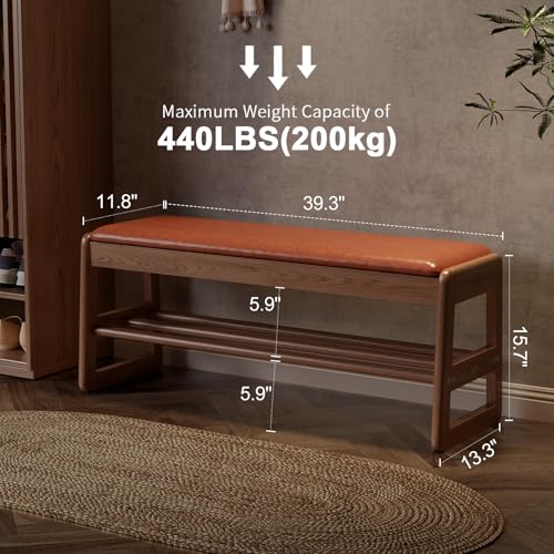 AQIMUELE Shoe Rack Bench,2 Tiers Shoe Bench with Storage with Flip-Top,Wood Shoe Rack for Entryway,Hallway（Orange Upholstered Seat,11.8" D x 39.3" W x 15.7" H） - color: Orange Upholstered Seat, size: 11.8"D x 39.3"W x 15.7"H