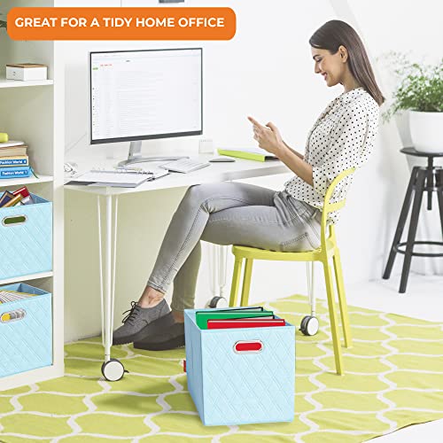 FH Group JIAessentials 12" Faux Leather Foldable Storage Cube Bins Set of 2 – Blue Diamond Patterned Organizers with Handles for Closet & Shelves - color: Blue, size: Medium