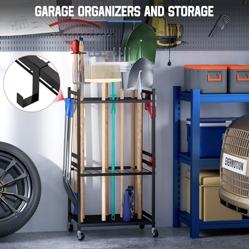 DAOUTIME Garden Organizer With Wheels, Yard Tower Rack for Garage Storage, Up to 35 Long-Handled Tools, Sturdy Metal Steel Holder With 3 Hooks, Outdoor, Black - size: 3 Tier