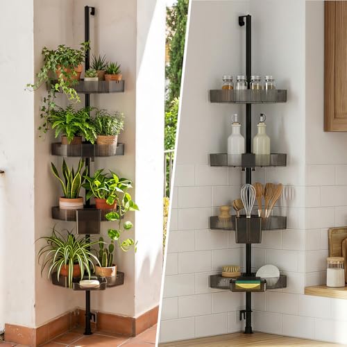 Corner Shower Caddy, Extendable Rustproof Shower Organizer Adjustable 4-Tier Bathroom Shelves Anti-Tipping Bathtub Shampoo Storage Floor Standing Bath Rack Shower Shelf with Soap Dish
