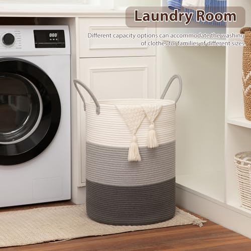 OIAHOMY Large Laundry Basket Hamper - 60L Cotton Rope Woven Basket for Blankets, Toys, Clothes - Tall Decorative Nursery Hamper with Long Handles, Gradient Grey - color: Gradient Grey, size: 60L