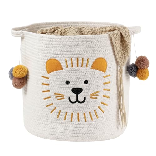 Large Blanket Baskets for Living Room Decor, Toy Storage Baskets Woven Cotton Rope Animal Storage Basket for Kids, Dog Toys Organizer Clothes Hamper with Embroidery Decor for Nursery (Large, Lion) - color: Lion, size: Large