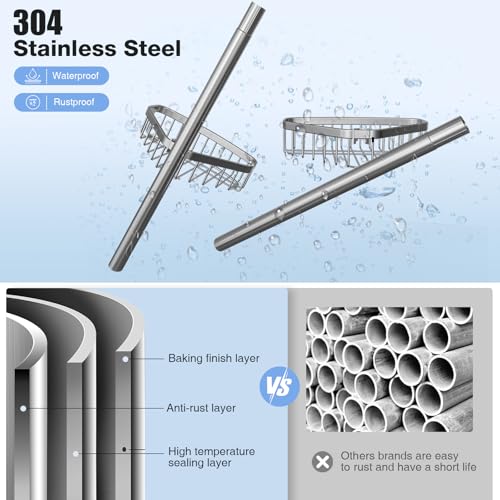 ESSEME Corner Shower Caddy Tension Pole: Adjustable Rustproof 4-Tier Inside Bathroom Organizer - 47-121 inch Quick Installation Bathtub Shelves for Shampoo Storage - Rod Floor Standing Bath Rack - color: Silver
