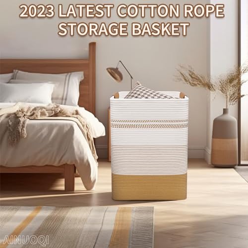 Large Laundry Hamper Basket, 85L Cotton Rope Woven Storage Bin for Blankets, Dirty Clothes Toys, Decorative Tall Basket with Leather Handles for Living Room, Bedroom, Bathroom, Nursery, Jute - color: Jute & White, size: 85L