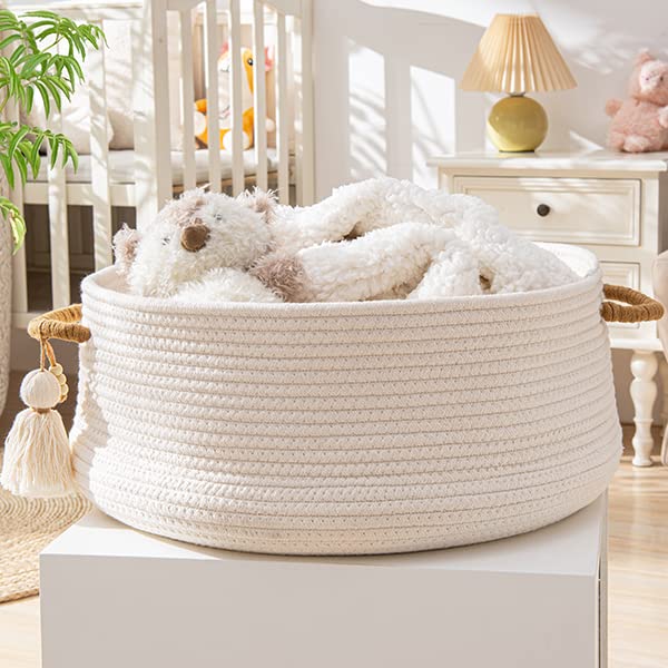 KAKAMAY Woven Baskets for Storage(16"x8"),Blanket Basket for Organizing Living Room,Cotton Rope Basket Woven Baby Laundry Hamper,Collapsible Laundry Room Organization,Clothes,Toy Chest(White) - color: White