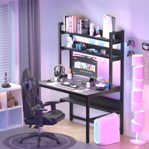 Aquzee Computer Desk with Hutch and Bookshelves, Large Leg Room 55 inch Width Black Desk with Space Saving Storage Shelves, Easy Assemble and All Hardware and Tools Included - color: Black, size: 55inch