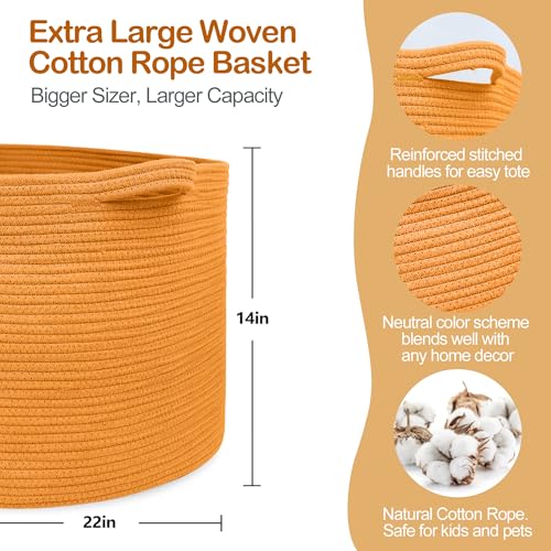 MEGASKET Extra Large Orange Basket, 22" X 22" X 14" Woven Cotton Rope Bins for Blankets, Baby Nursery Wicker Laundry Towel Basket, Kids Dog Toy Storage Box, Big Orange Living Room Decor Organizer - color: Orange, size: 22"x22"x14"